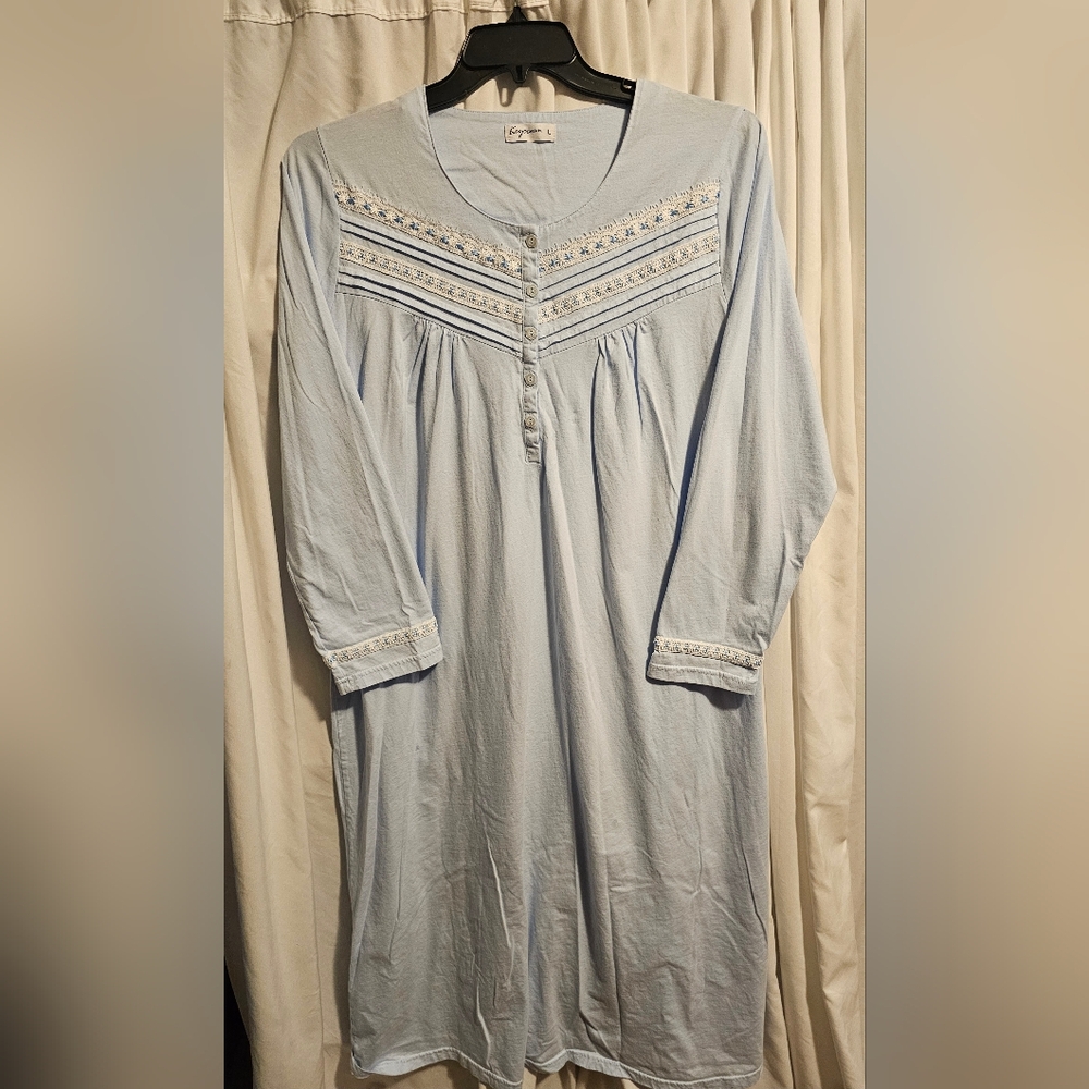 Keyocean Long Light Blue Embroidered Nightgown, 100% Cotton Sz.L